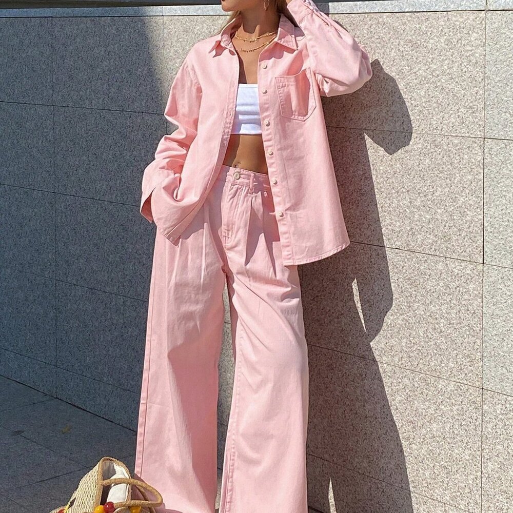 Pink Casual Women's Collared Loose Shirt & Straight-Leg Denim Pants Set - Picture 7 of 7